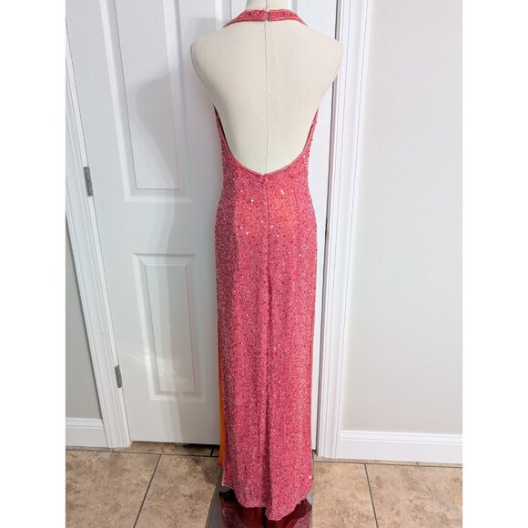 Vintage Y2K Scala Beaded Silk Halter Key Hole Backless Pink Double Slit Gown M - Picture 7 of 15